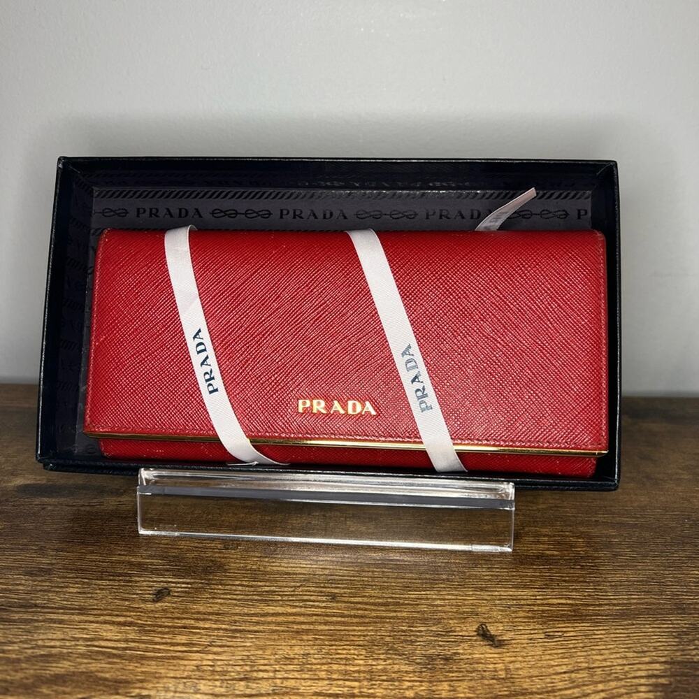 Prada Peonia Red Saffiano/Metal Wallet